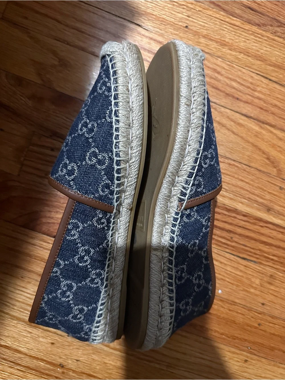 Gucci Blue Denim Monogram Espadrille Loafers with Brown Trim